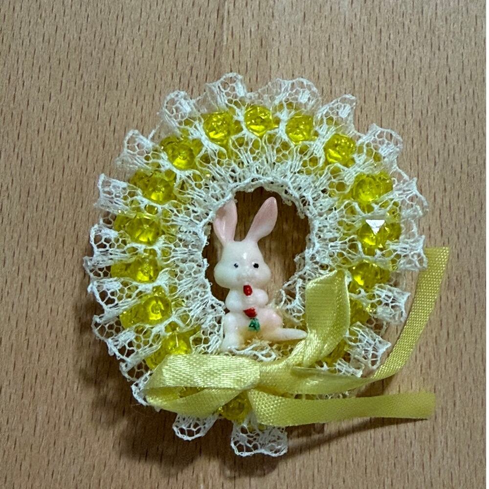 Vintage Easter Bunny Wreath Brooch Yellow Beads Lace Ribbon Pin